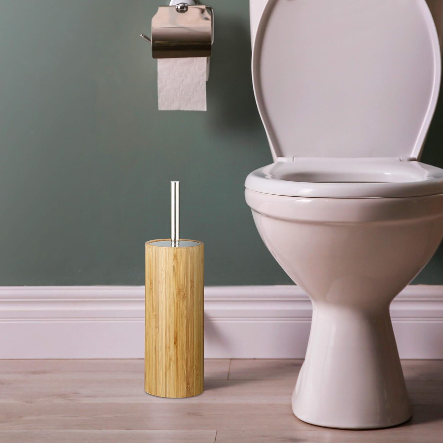 Relaxdays Bamboo WC Brush Holder and Brush, Round Stand, Wooden Toilet Bathroom Butler H x Dia: 37.5 x 10.5 cm, Natural - Image 3