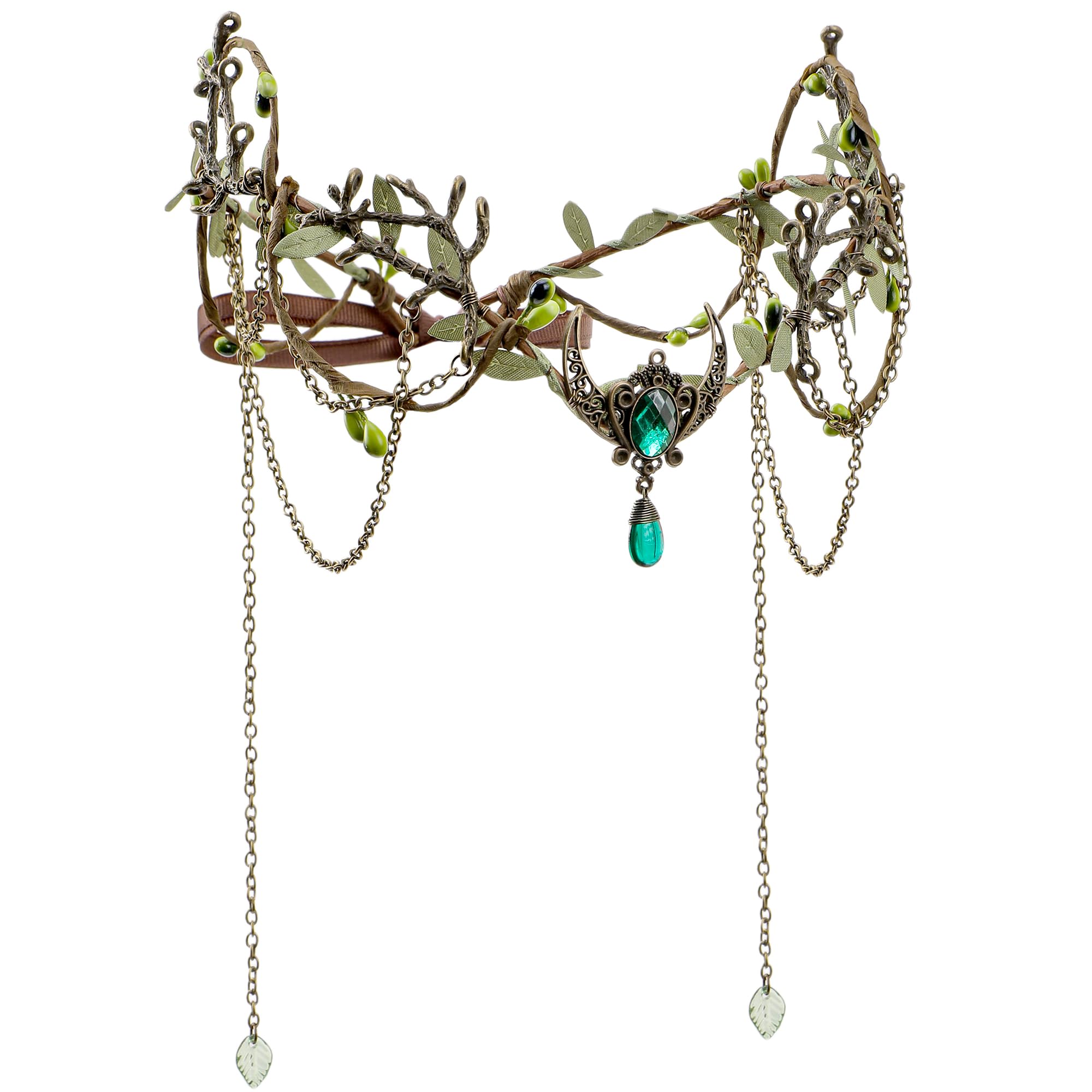 MOSTORY Woodland Elf Crown for Women - Medieval Elf Headpiece with Tassel for Renaissance Renfaire Fae Cosplay Viking Outfit, Bronze-green, One Size