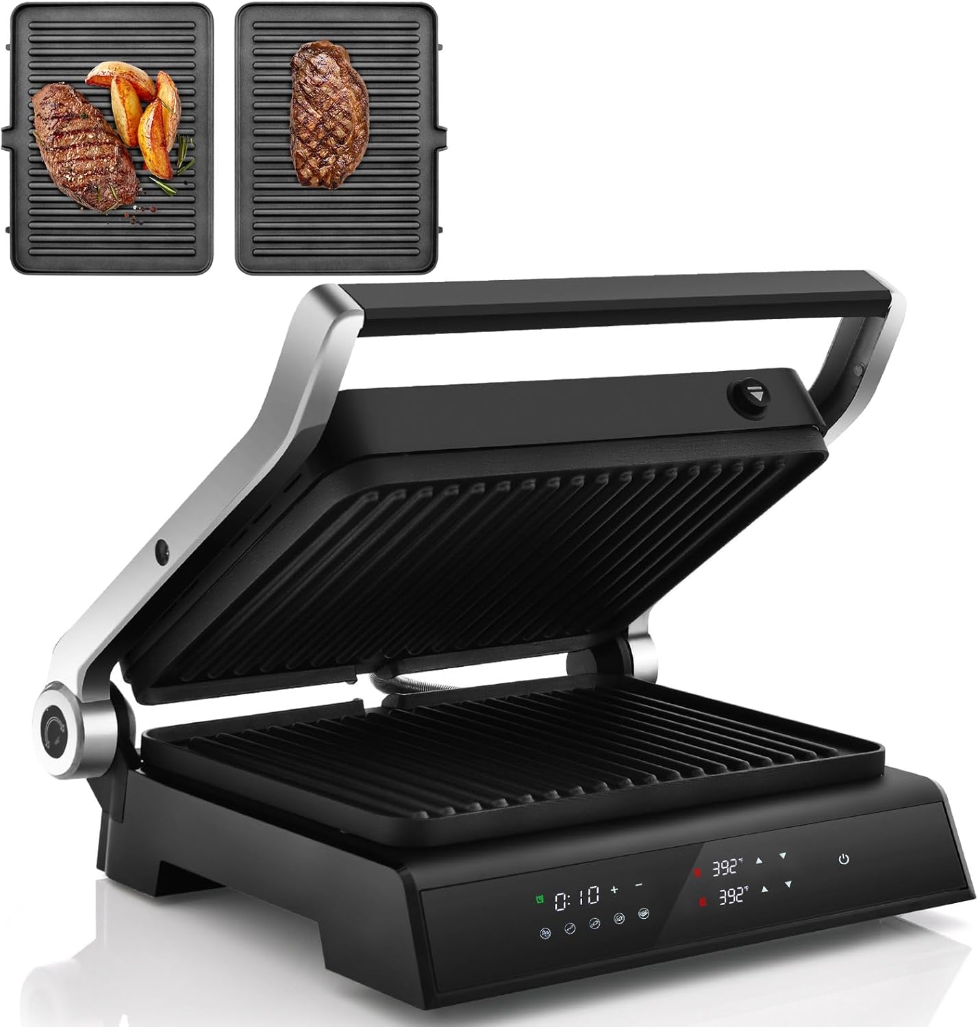 3 in 1 Sandwich Maker Panini Press, 1200W Electric Grill w/Full Glass Touchscreen, 180° Open Flat, 5 Modes, Temperature Control, Removable Plates & Drip Tray, Nonstick Indoor Grill