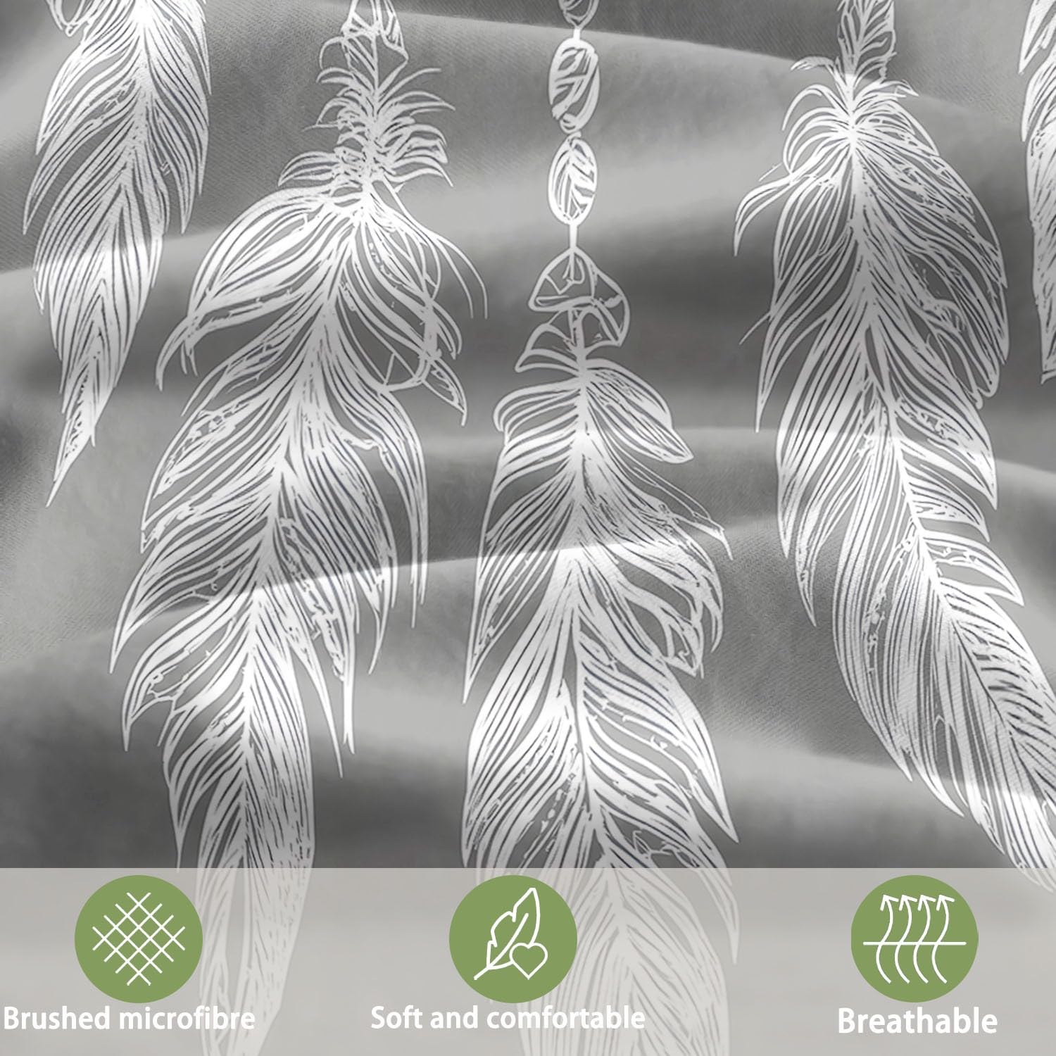 Generisch Romantischer Boho 3-teiliges Bettwäsche-Set, Grau 1 Bettbezug 180 x 200 cm und 2 Kissenbezüge 80 x 80 cm, Spitze Feder TraumfängerWeiche Mikrofaser, Reißverschluss, Ganzjahres