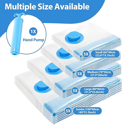 Miniatura 2 de Bolsas de sellado al vacío para ropa, paquete de 20 bolsas de almacenamiento al vacío para viajes (5 jumbo5 L5 M5 S), ahorro de espacio con bomba de