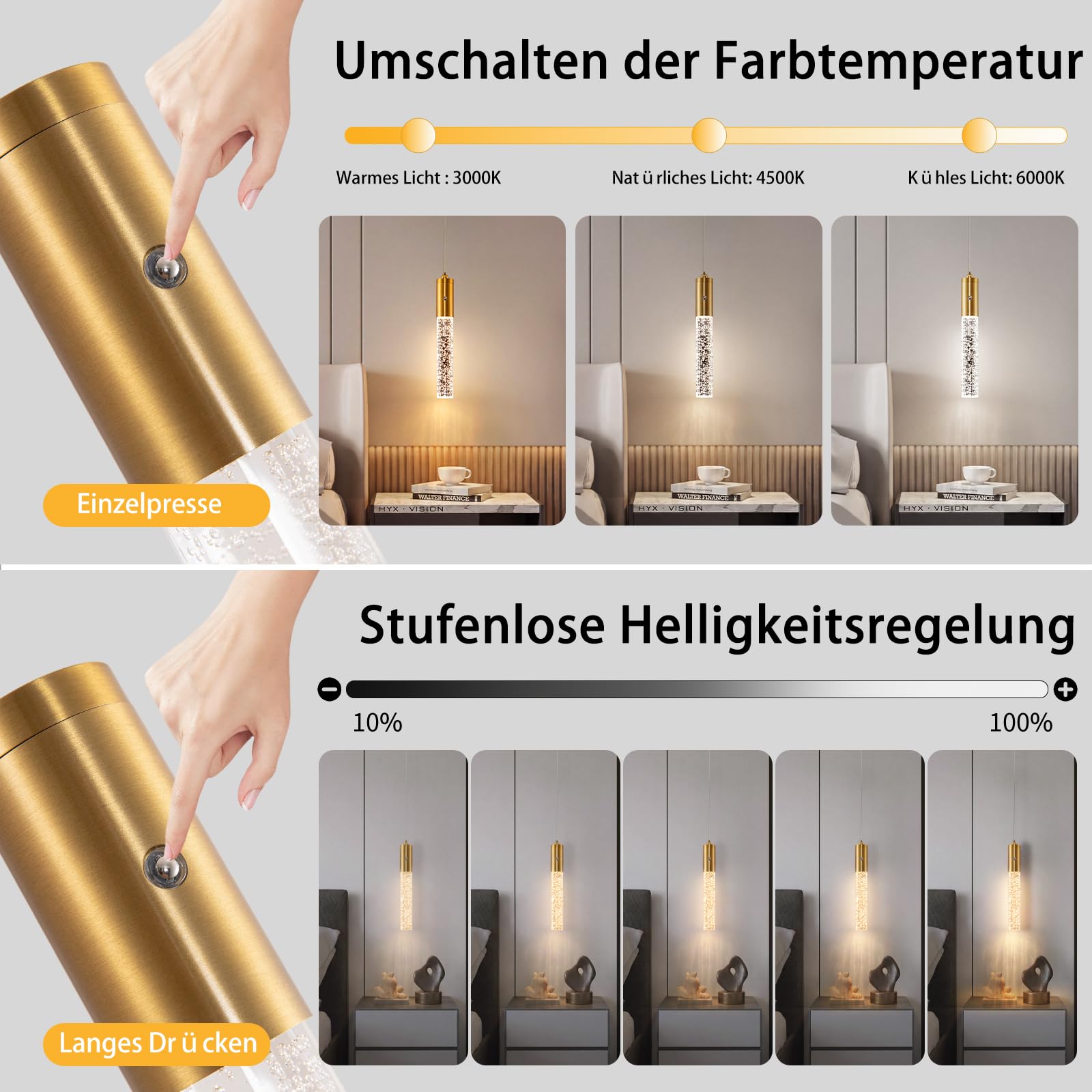 Akku Pendelleuchte Gold Kristall LED Hängelampe mit Batterie,7500mAh LED Hängeleuchte Touch Dimmbar 3 Farben,Höhenverstellbar, Zylinder Pendelleuchte Batteriebetriebene für Nachttisch Schlafzimmer