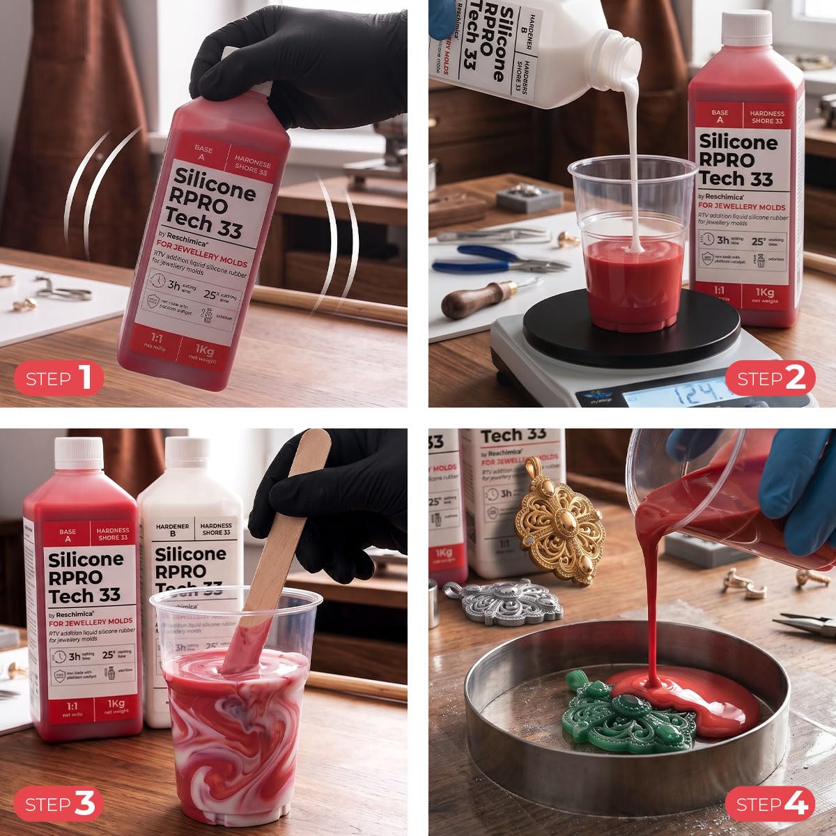 Caoutchouc de Silicone Rouge Liquide pour Moulage 1:1 R PRO TECH 33 (1 kg) | 100% Sûr et Non Toxique avec Catalyseur au Platine