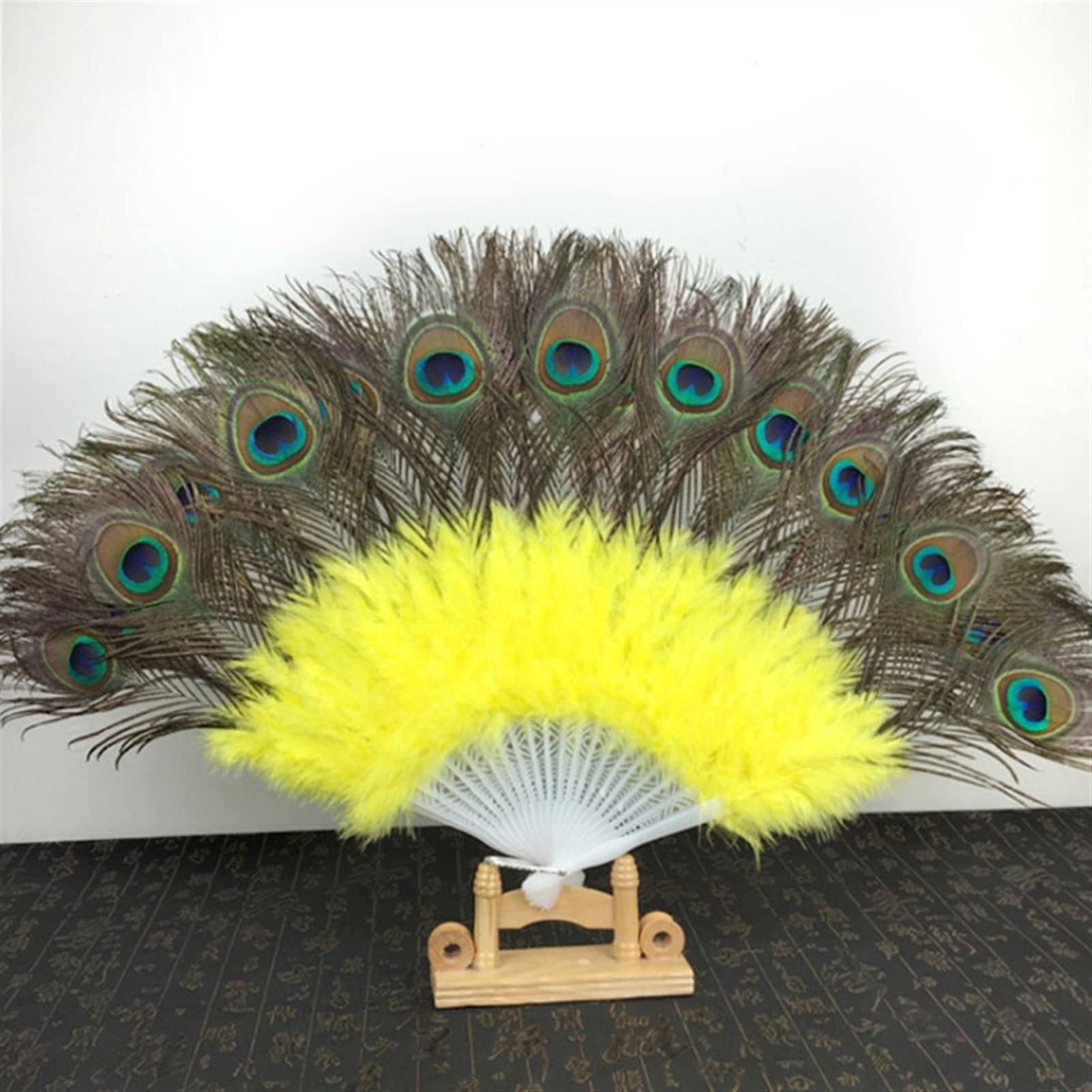 LKLNKVL folding fan, Folding Hand Fan - New Peacock Feather Foldable Dancing Bridal Wedding Party Props Supply Decorative Fans Woman Accessories(Yellow)