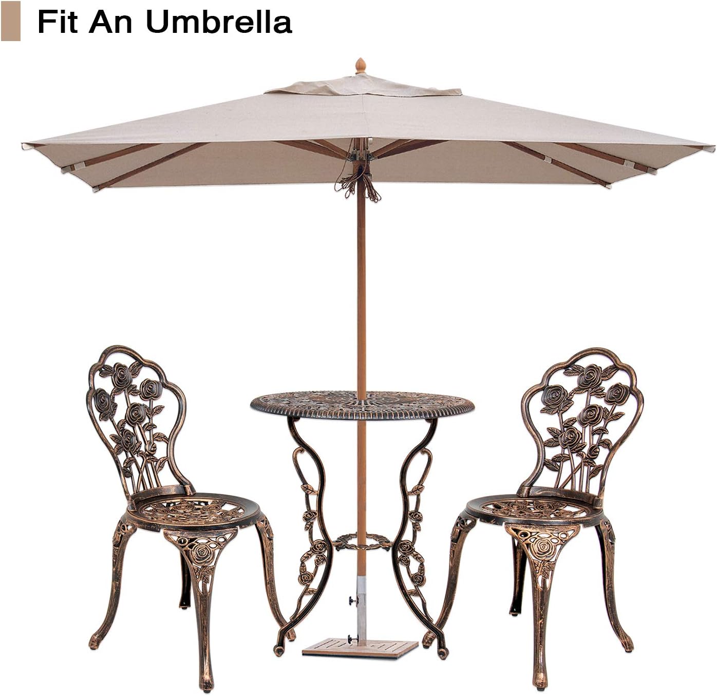 YUSING 3-Piece Rose Bistro Set, Cast Aluminum Patio Dining Table with 2 Chairs, Outdoor Furniture with Umbrella Hole for Yard,Balcony(Brown)
