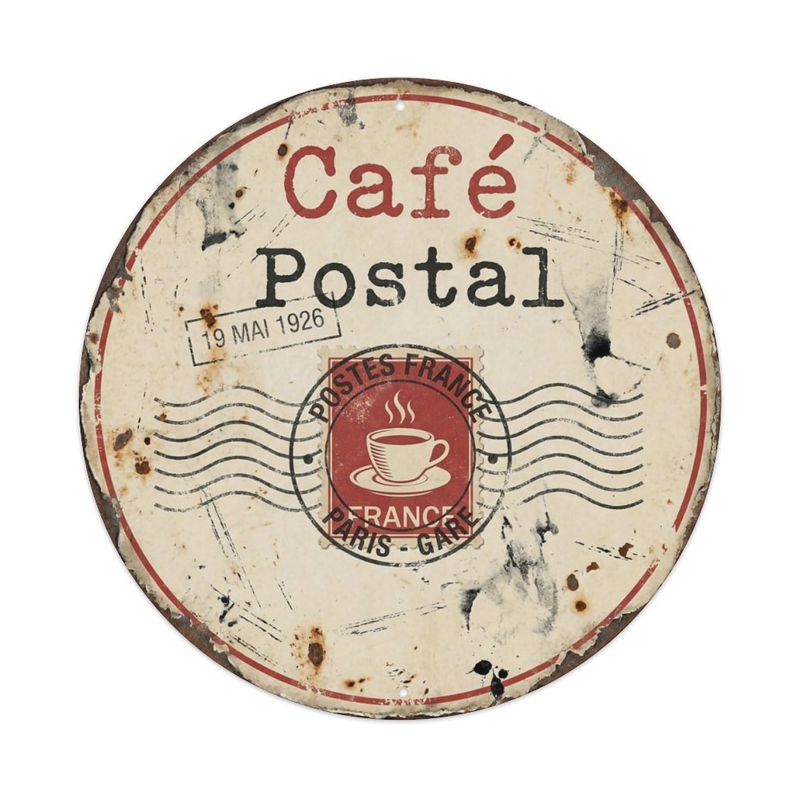 Stamp Postmark Bistro Cafe 1 Metal Tin Sign Plaque Wall Decor for Cafe, Club, Garden Round Metal Poster 8x8Inch