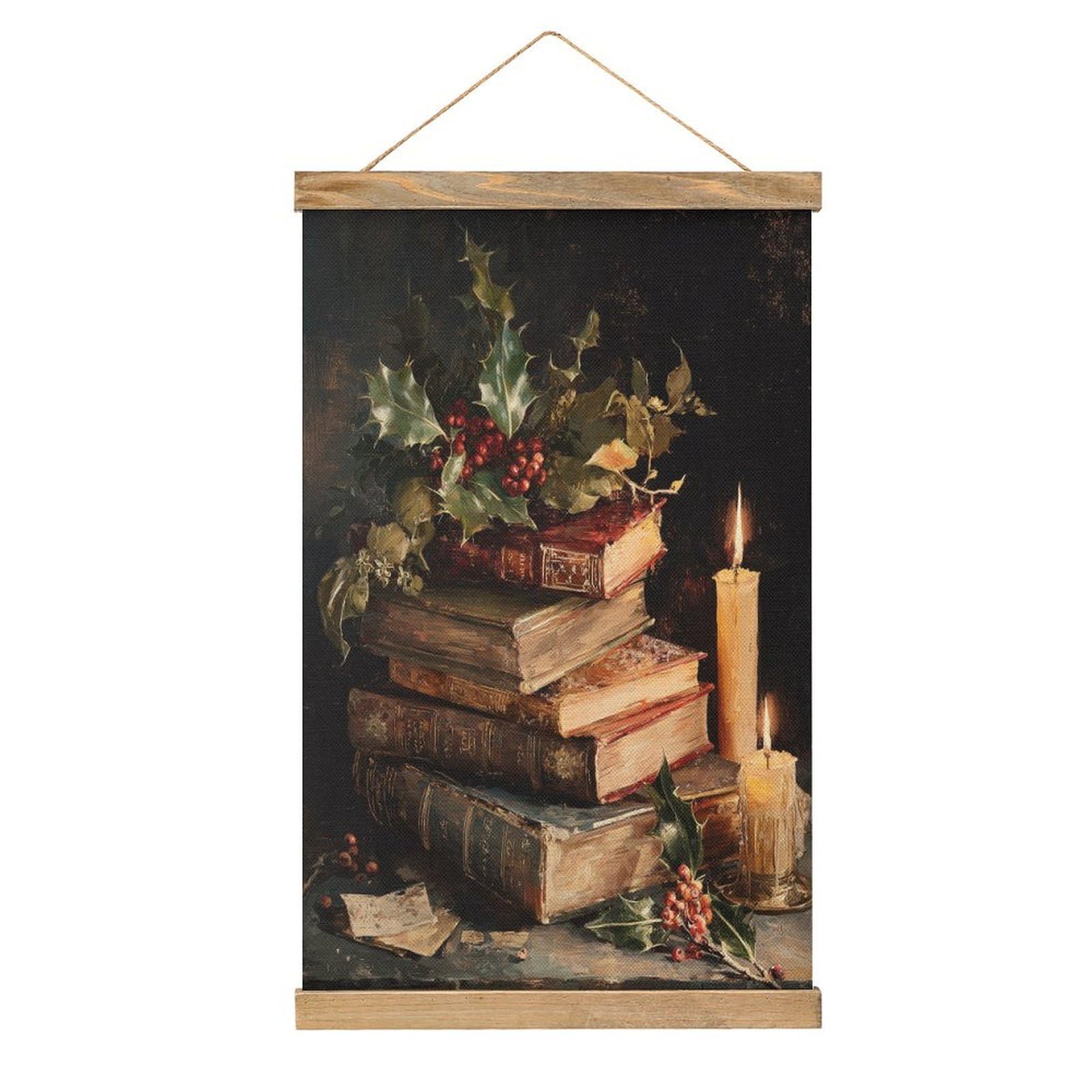 Jubonexis Old Books Mistletoe Holly Leaves Dark Academia Canvas Painting Wood Frames Poster Hanger Hanging Picture Kit Wall Art
