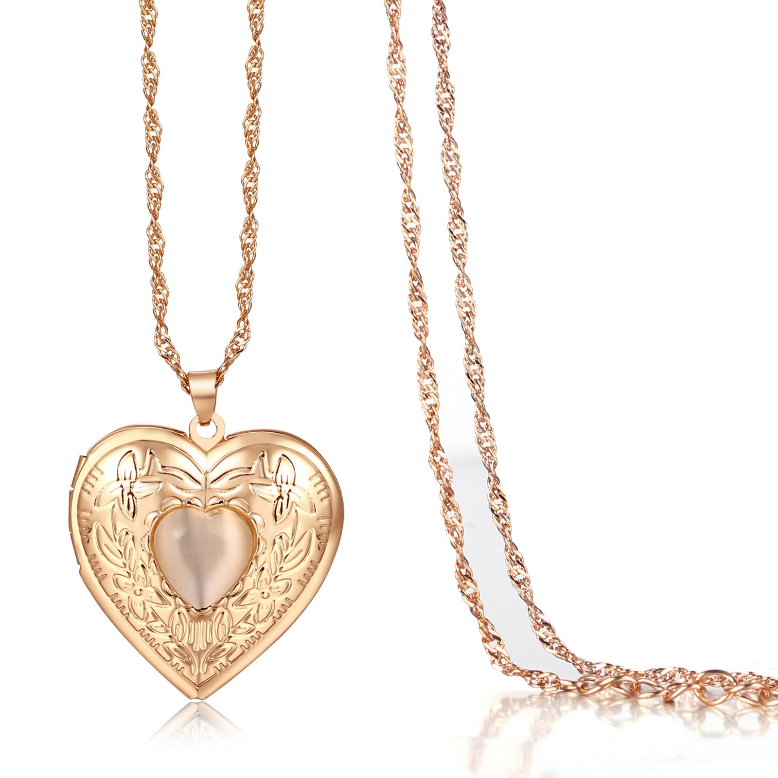 JewelryWeCollar Personalizado Foto Caja: Collar de Oro Grabado Patrón Floral para Mujer Colgante de Cobre Corazón Oval Joyería Foto - Para Aniversarios Cumpleaños Regalo