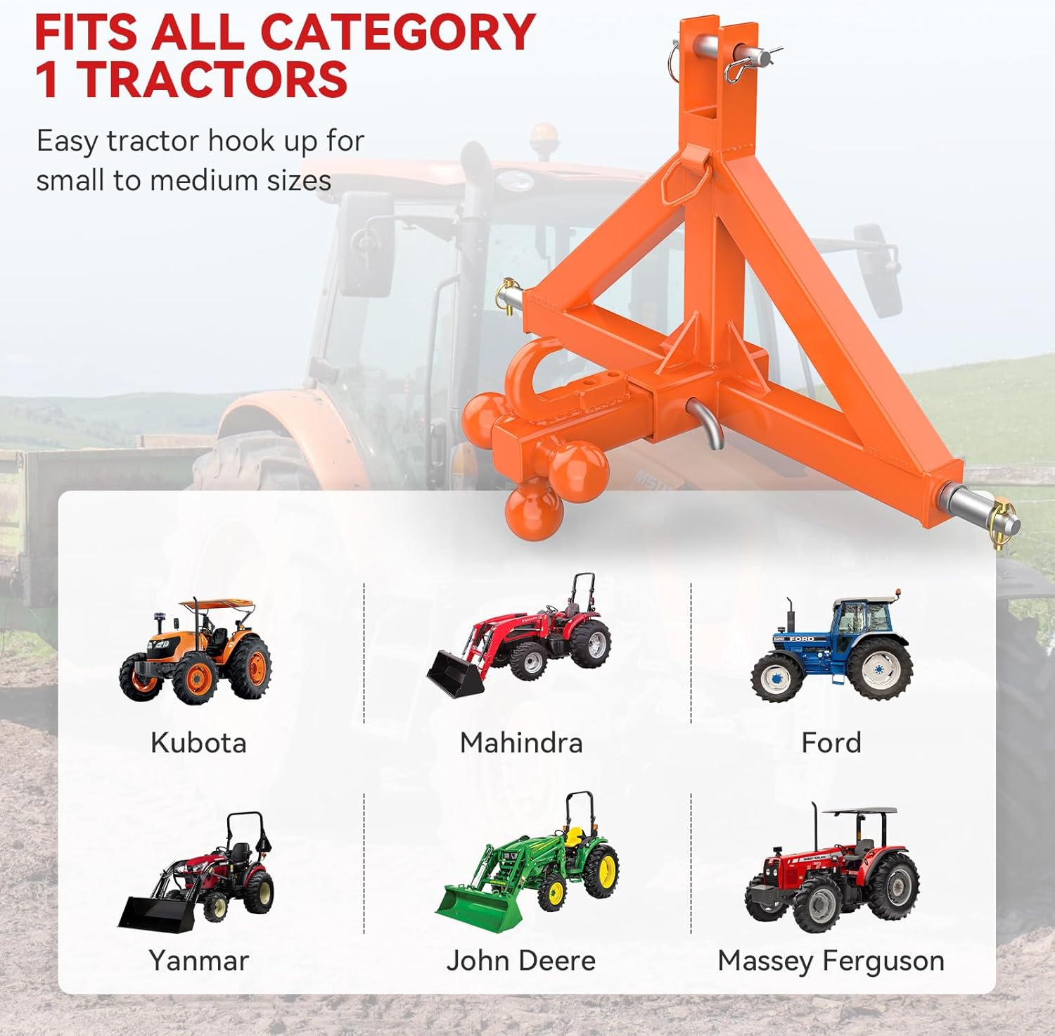 3 Point 2" Trailer Hitch Receiver and Towing Ball Hitch with Hook Heavy Duty Tractor Drawbar 3 Pt Quick Hitch Attachment for Kubota, John Deere Category 1 Subcompact Tractor Farm Equipment(Orange) - Image 6