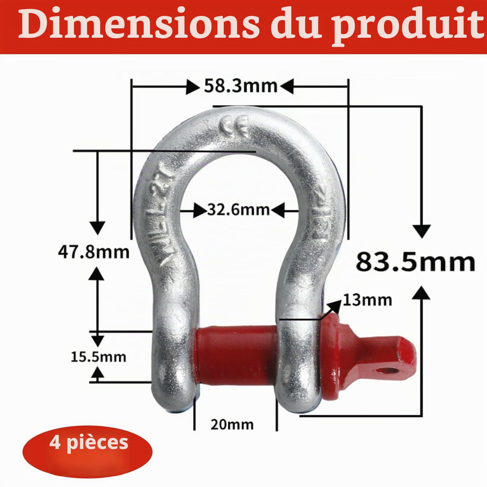 4 Pièces Manille de Levage 2t Manille en Acier Galvanisé à Haute Résistance pour le Camping, le Transport et le Levage de Charges (WLL : 2,0 t)