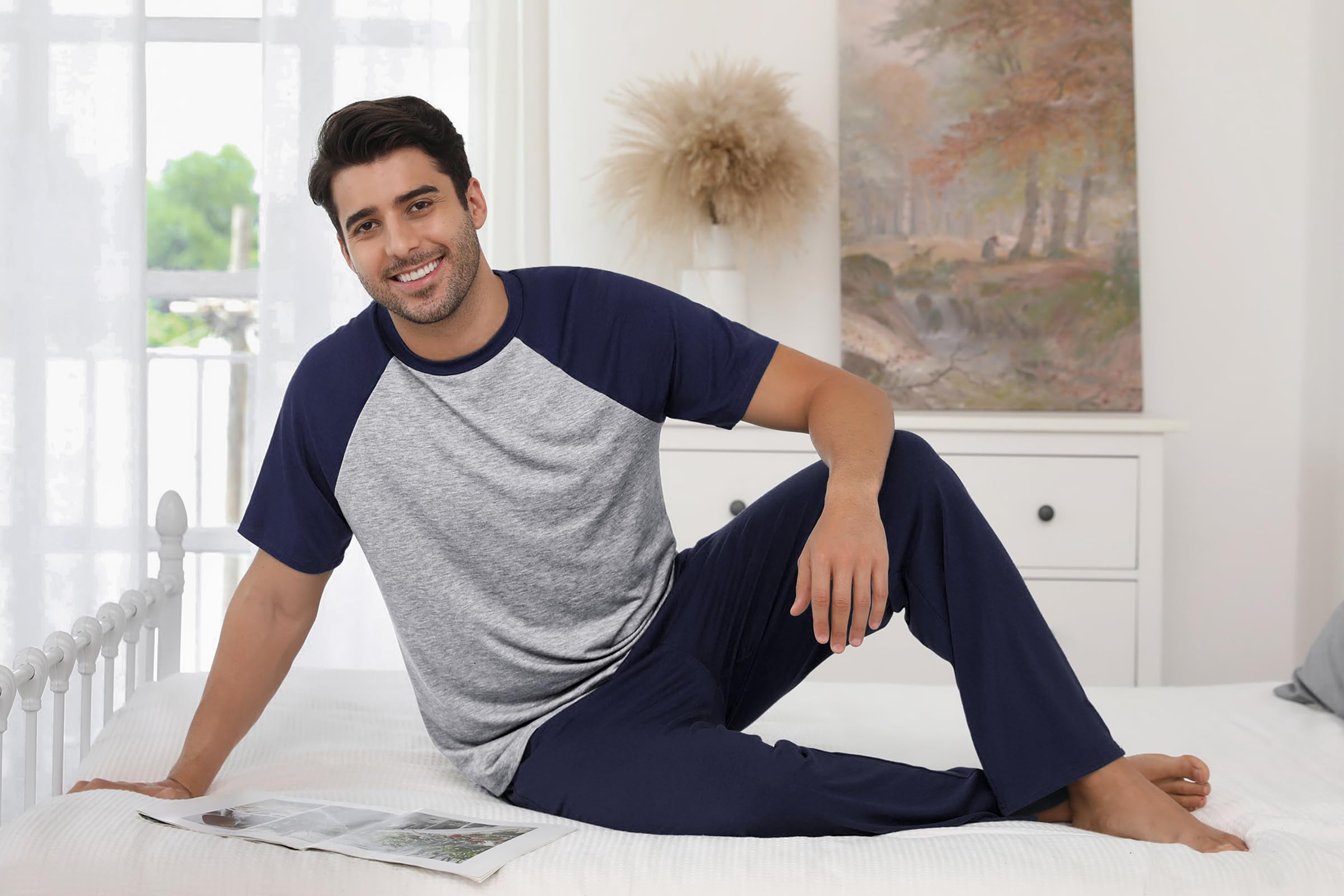 Bresdk Pyjama Homme Coton Ensembles de Pyjamas à Manches Courtes et Pantalons Vêtements de Détente Deux Pièces Confortable Doux