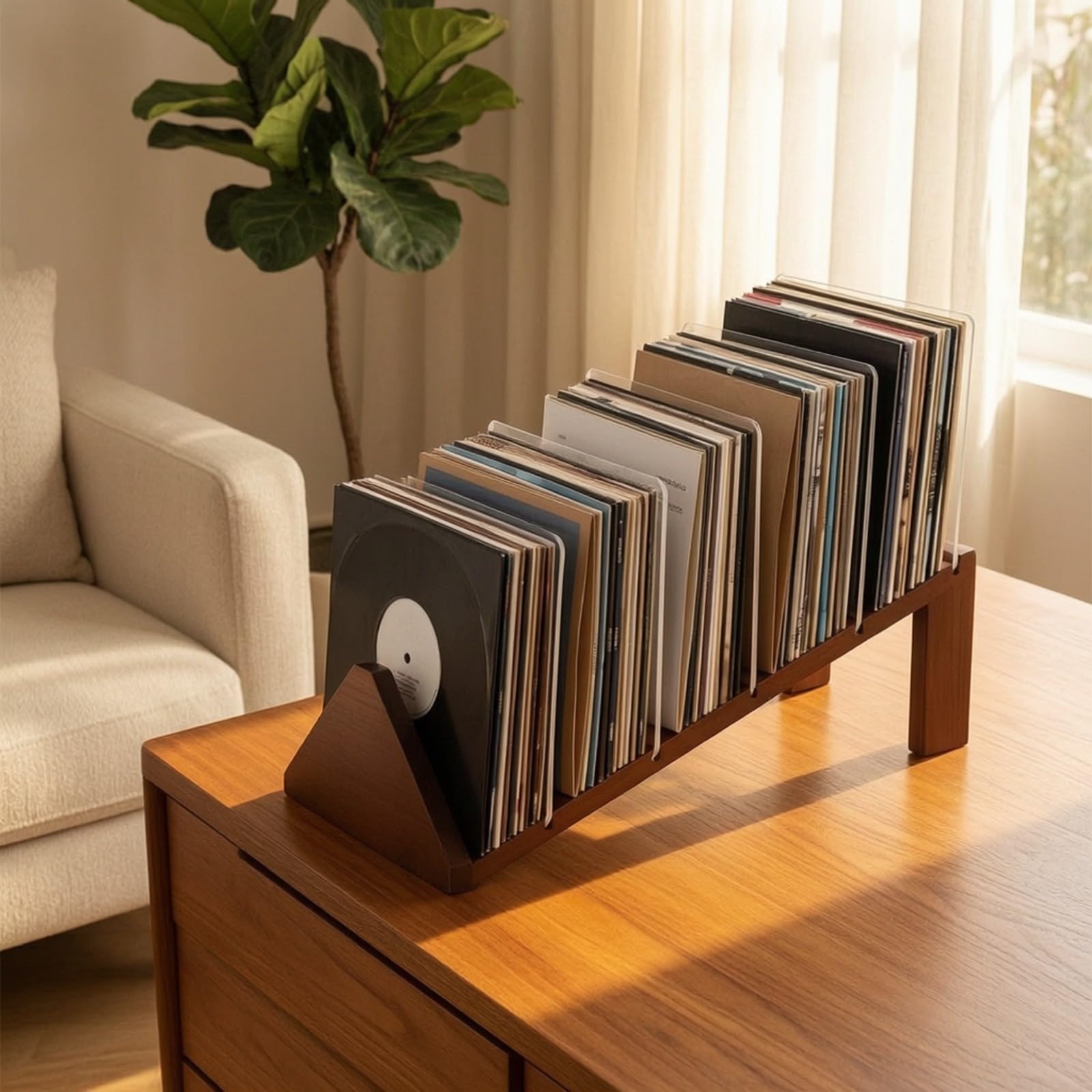Colcolo Rack Rangement Vinyle Table En Bois Itallation Range-Disques Séparateurs En Acrylique Traparent Compact pr Coole Multimédia