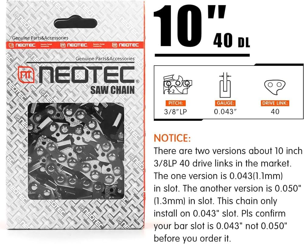 Miniatura 3 de Cadena de motosierra de 10 pulgadas, paso LP de 38 pulgadas, calibre 043 pulgadas, 40 eslabones de transmisión, se adapta a la cadena de sierra de