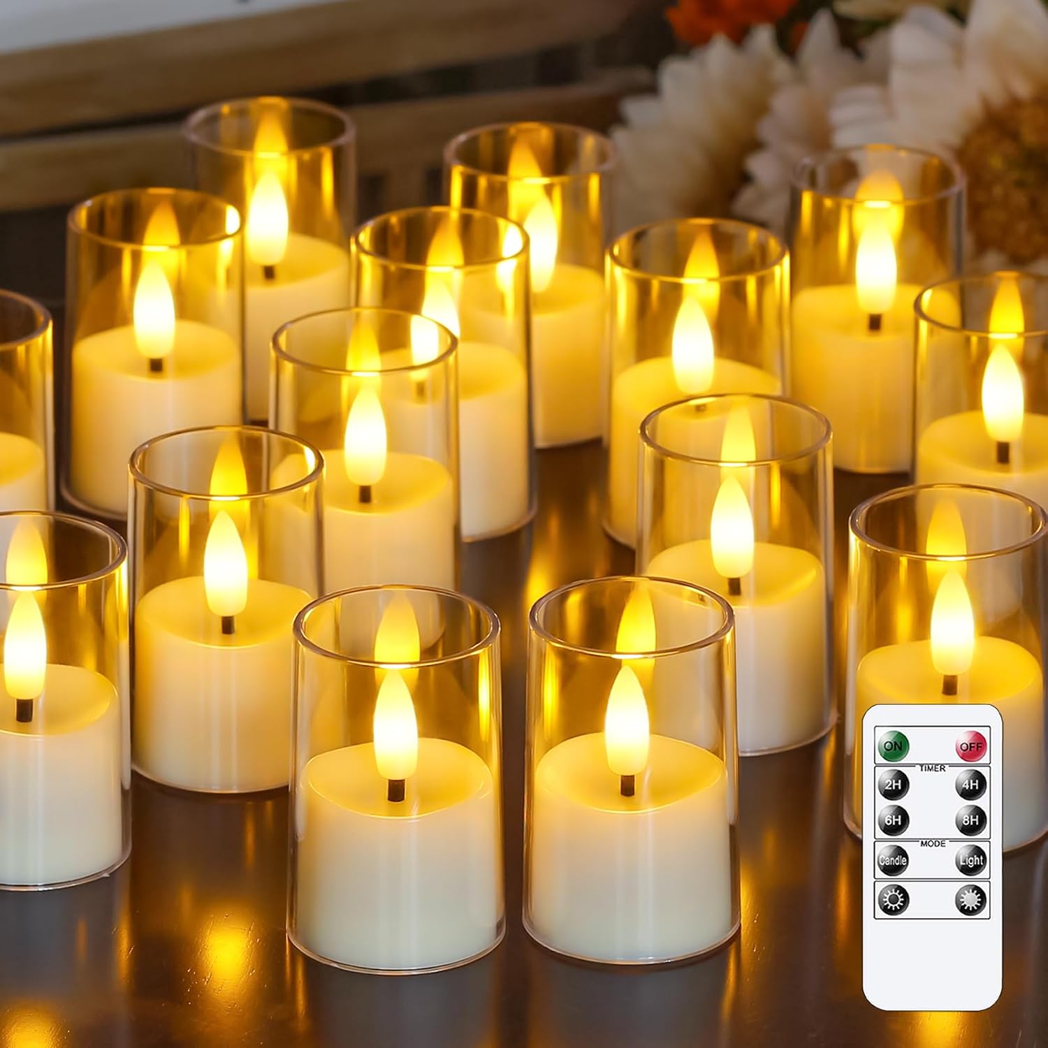 15pcs Battery Operated 1.7" x2.5" Clear Acrylic Remote LED Tea Lights, Flameless 2/4/6/8h Timer Fake Ivory Bulk Votive Candles with Batteries, Flickering Warm Light Pure Plastic Tealights