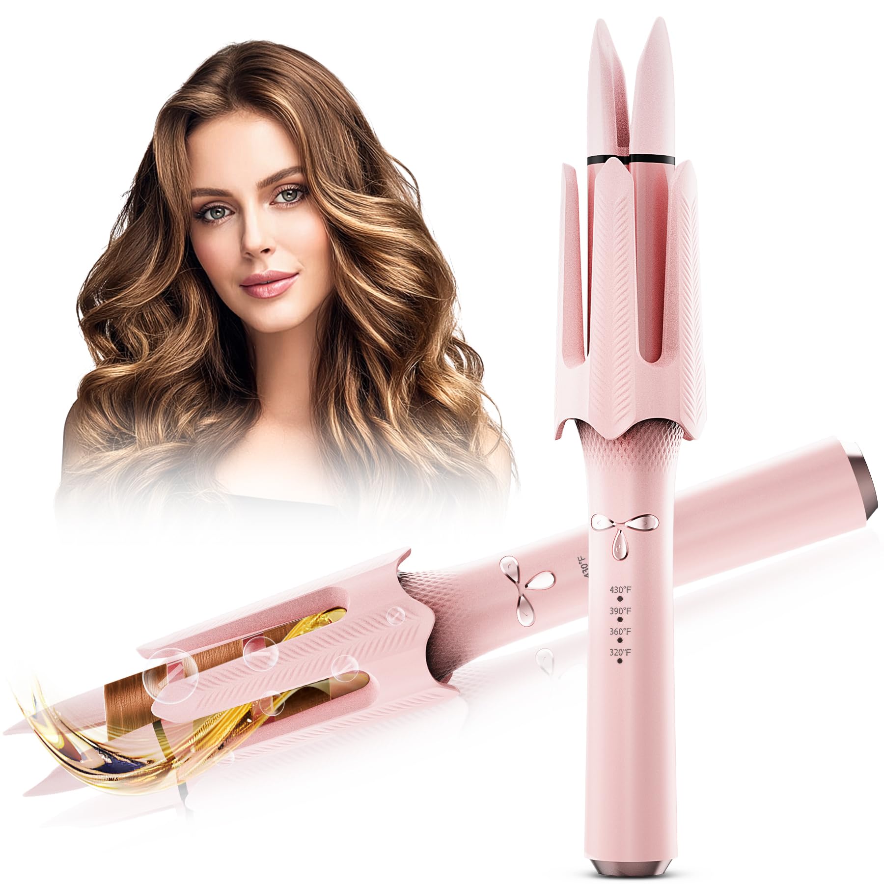 Auto Rotating Hair Curler - 4 Temperature and Timer Settings Automatic Curling Iron with Automatic Shut-Off Anti-Tangle and