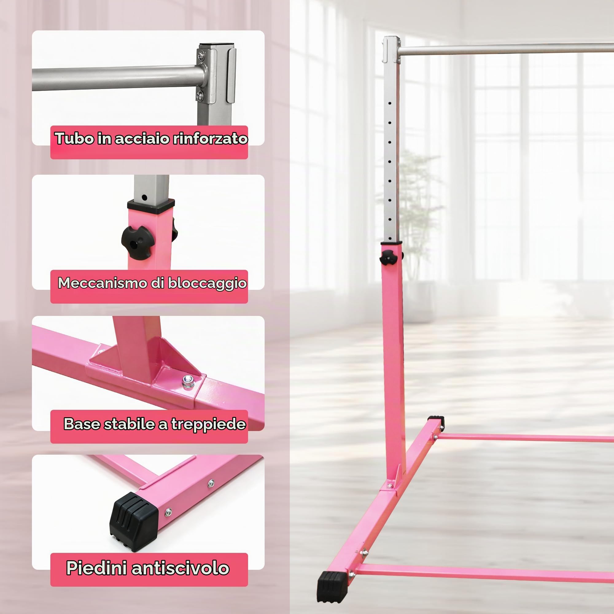 ORIENTOOLS - Barra Ginnastica per Bambini | Altezza Regolabile 90-150 cm | Attrezzatura per Ginnastica, Fitness e Allenamento in Casa