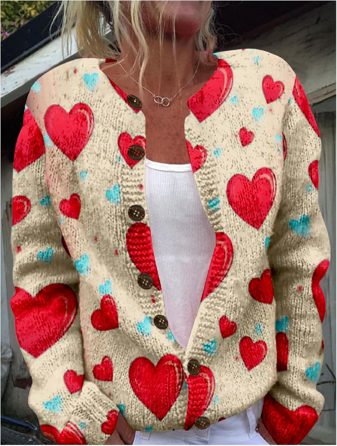 Heart Print Cardigan Valentines Sweater for Women Cute Chunky Button Up Plus Size 2025 Spring Fashion Warm Blouses - Image 2
