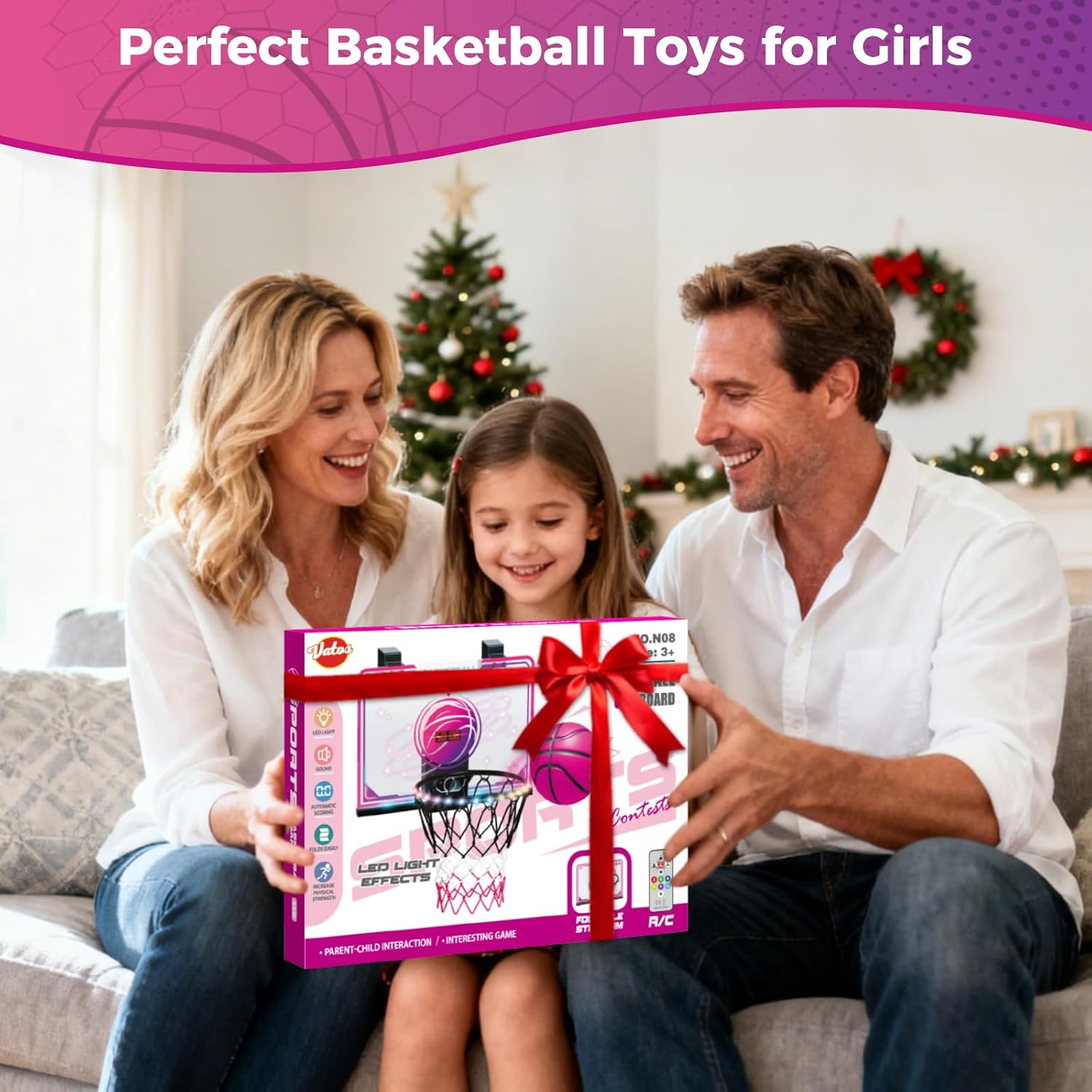 VATOS Basketball Hoop for Girls Indoor, LED Basketball Hoop with 7 Color Lights, Glowing Rim, Scoreboard & Remote Controller, Basketball Set Sports Toys Birthday Gifts for Girls Kids Teens 5-12
