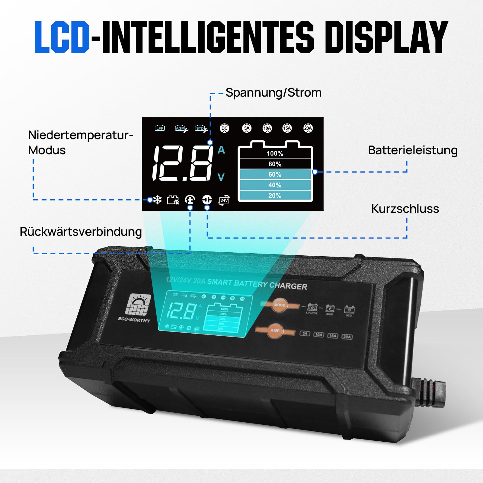 ECO-WORTHY 12V/24V 20A LiFePO4 Batterieladegerät mit Multi-Current Optionen 5A/10A/15A/20A,automatische LiFePO4 Blei-Säure Batterie Spannungserkennung für Auto LKW Motorrad Rasenmäher