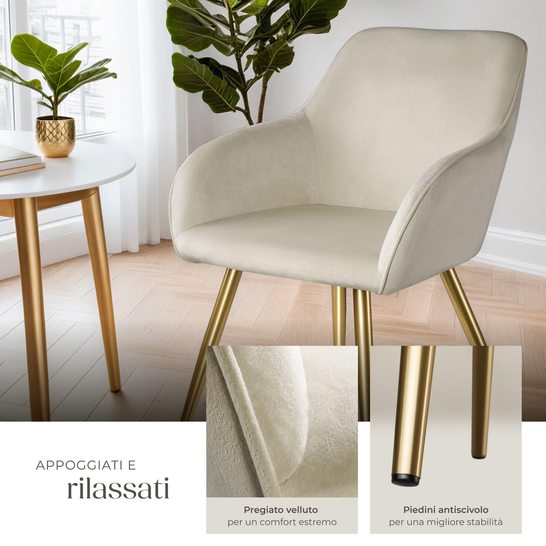 tectake® Set 2 Sedie Sala da Pranzo Effetto Velluto, Sedie Soggiorno con Morbida Imbottitura, Seduta Ergonomica, Poltrone Velluto Versatili, Sedie Design Moderno - Crema/Oro