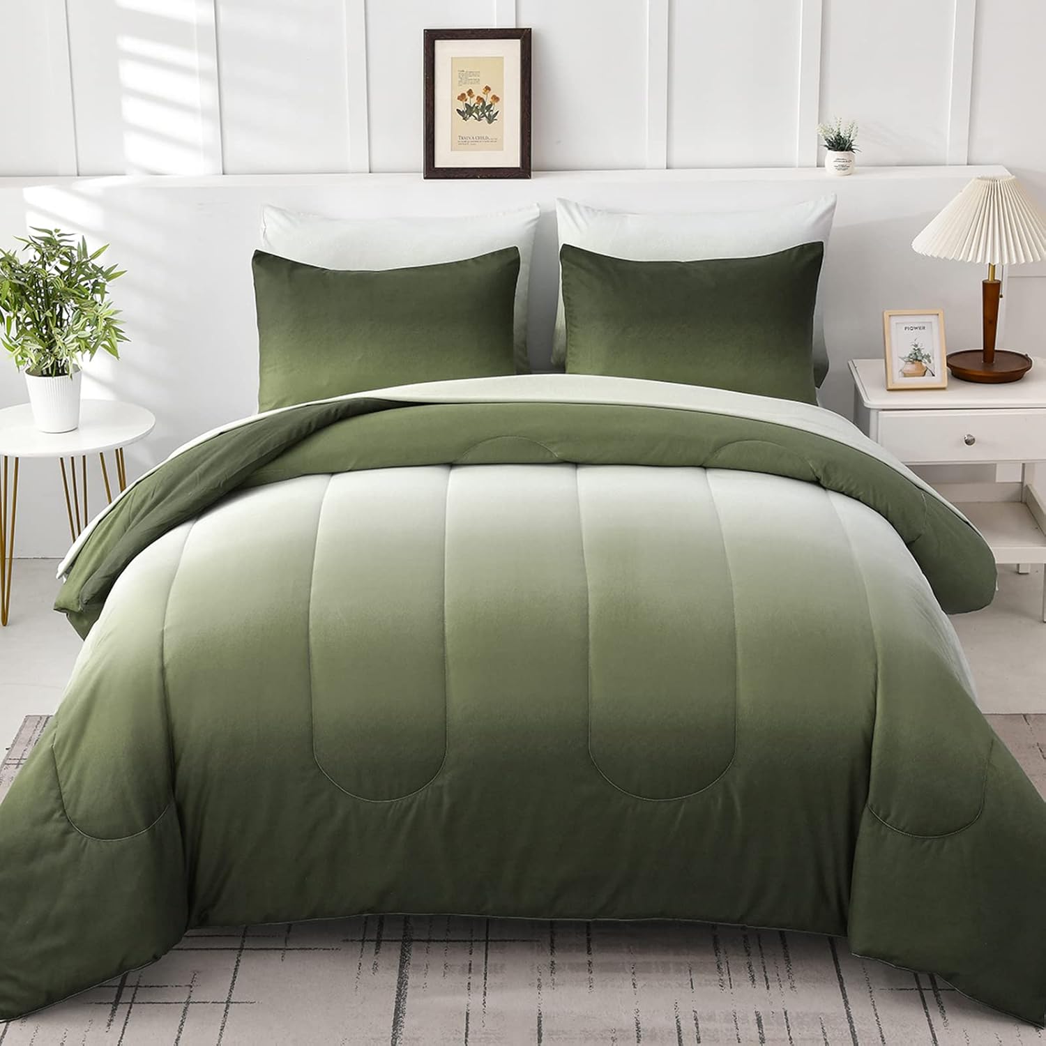 7 Pieces Olive Green King Comforter Set Lightweight