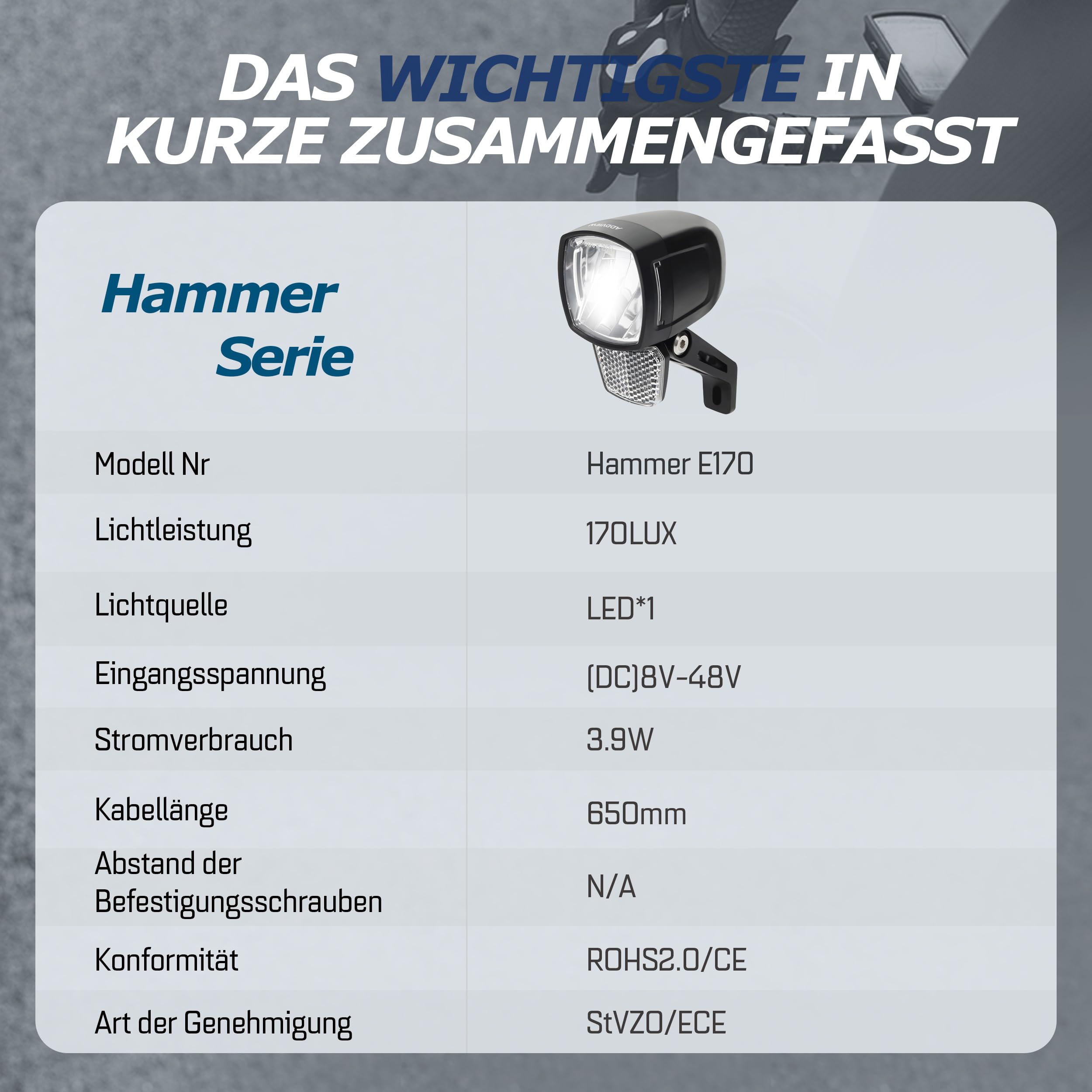ADDVIEW E-Bike Frontlicht 170 Lux Hammer E170 – LED Fahrradlampe, StVZO & ECE zugelassen, Aluminium/ABS Gehäuse, IP65 wasserdicht, DC 8–48V, Seitenlicht, für E-Bikes & Pedelecs