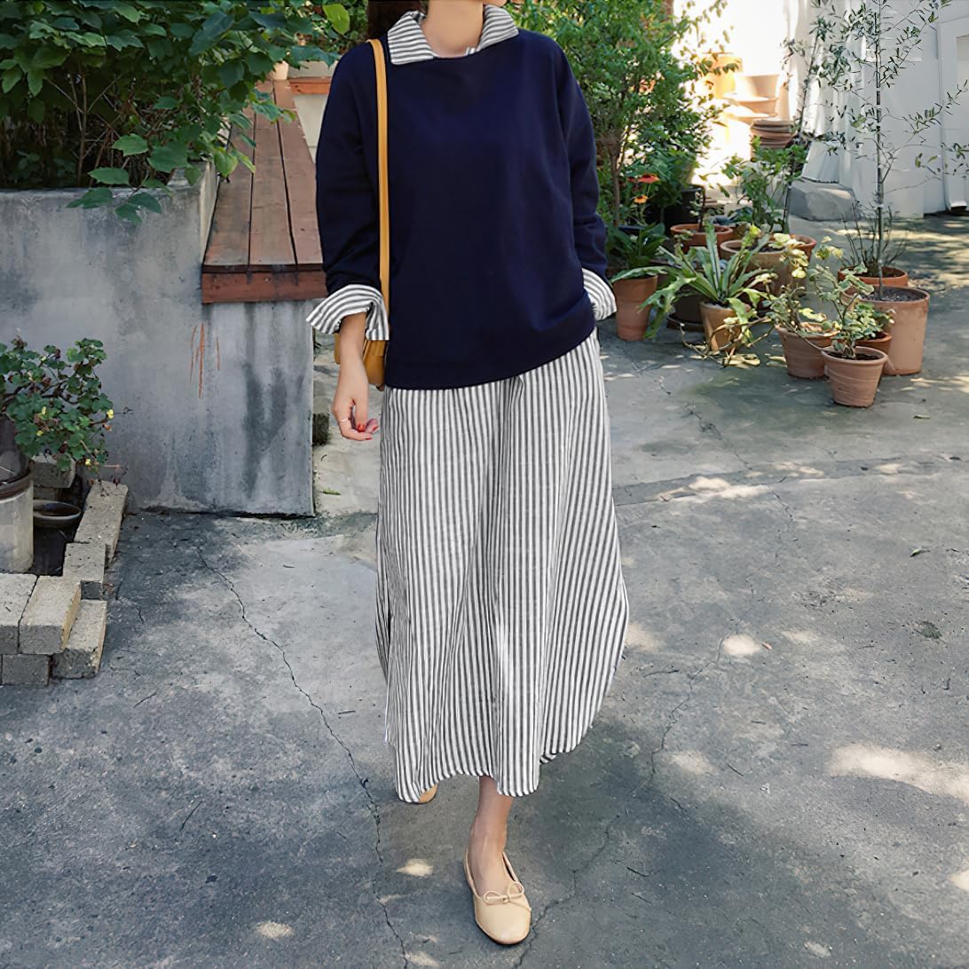 chouyatou Women Casual Long Sleeve V Neck Striped Shift Dress Loose Long Maxi Cotton Shirt Dress with Pocket - Image 4