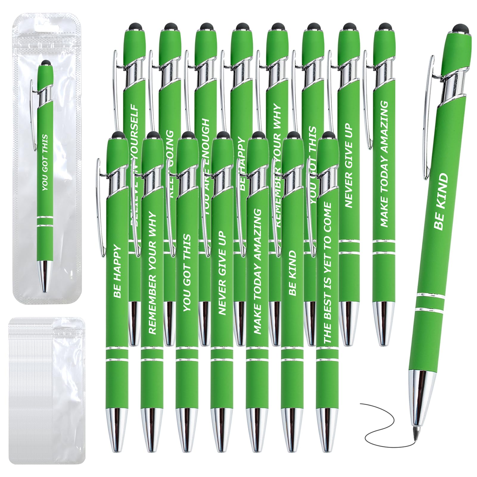 Photo 1 of 20 Piece Inspirational Pens Kit with Stylus Tip & Sayings – 10 Motivational Pen + 10 Individual Bags – Uplifting Quote & Positive Ideas – For Teachers, Office, School, Meetings, Team (Christmas Green)