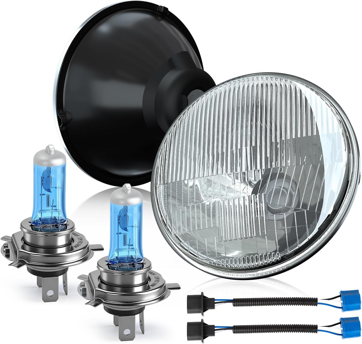 OQSNCV 7 Inch Crystal Glass/Metal Headlight Housing +H4/9003 High/Low Beam Halogen Clear Light Bulbs Headlamp 2PCS H6024