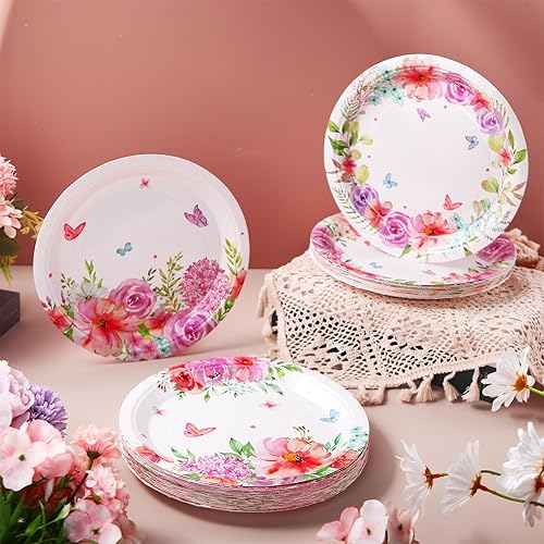 Miniatura 4 de Zopeal 60 platos de papel de mariposa floral de 9 pulgadas, platos de cena de flores de primavera rosas, para fiesta de cumpleaños, fiesta de té,