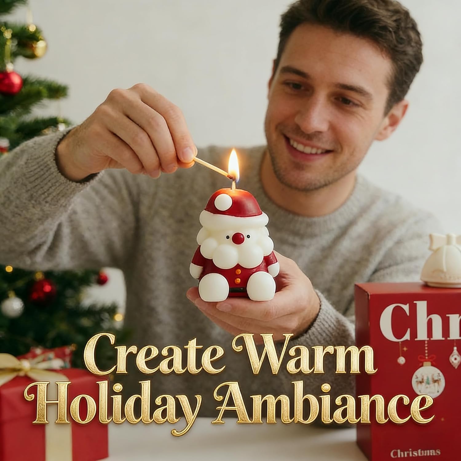 Christmas Candle Gift Set, 3 Piece Holiday Scented Candles, Santa Claus, Christmas Tree, Bell Designs, Decorative Festive Candles with Gift Box