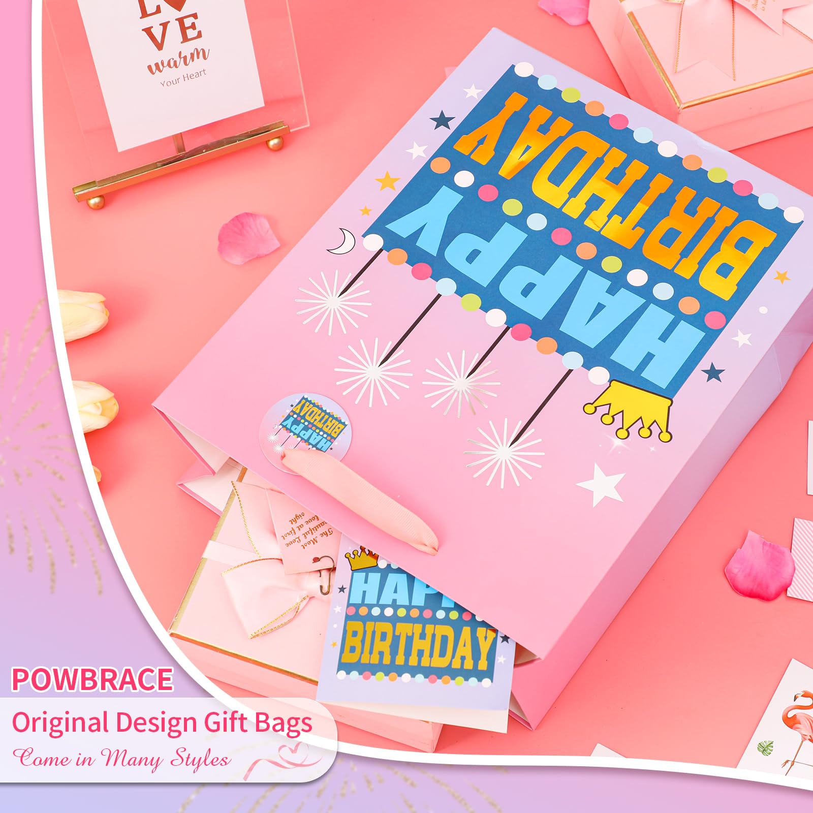 Powbrace 13" Pink Happy Birthday Bag with Tissue Paper and Greeting Card for Party, Happy Birthday Gift Bag for Girls, Kids, Women,Gift Bags Medium size(1 PCS Pink, Gift Bag)
