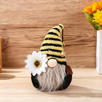 Bee Gnome Plush Doll Decoration, Bumble BEE GNOME Home Spring Decor, Gnome Doll Dwarf Figurines for Garden Home Farmhouse Kitchen Decor, Bee Party Gift Knitted Wool Ornaments for World Bee Day