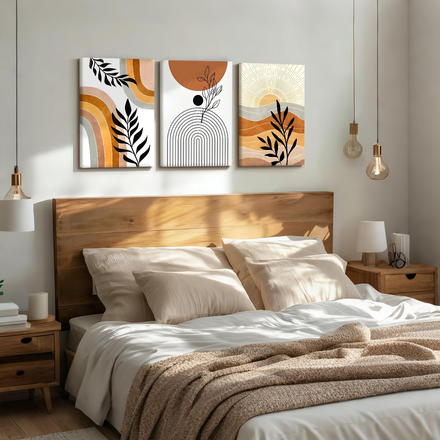 LYYGLYY 3Pcs Framed Bohemian Canvas Wall Art, Abstract Geometric Posters Artwork for Walls, Brown Desert Wall Art, Botanical Line Print Wall Decor for Living Rooms, Dining Rooms, Offices 12x16 Inches