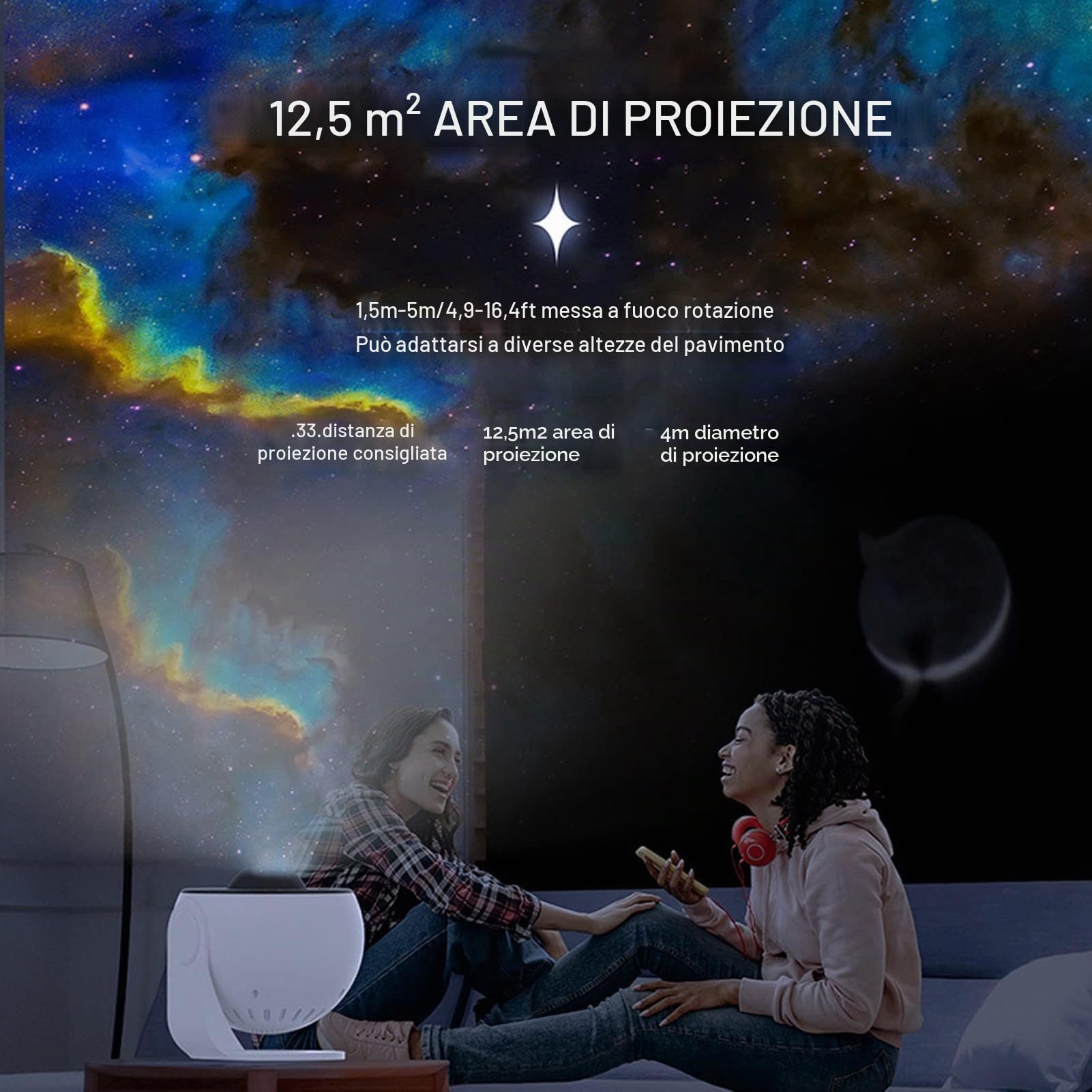 Proiettore Stellare, 12 Temi HD Focusing Proiettore Galassia Planetario 12 in 1, Ampia Area di Proiezione Luci a LED Lampada di Proiezione Stella Romantica per Sala da Gioco Home