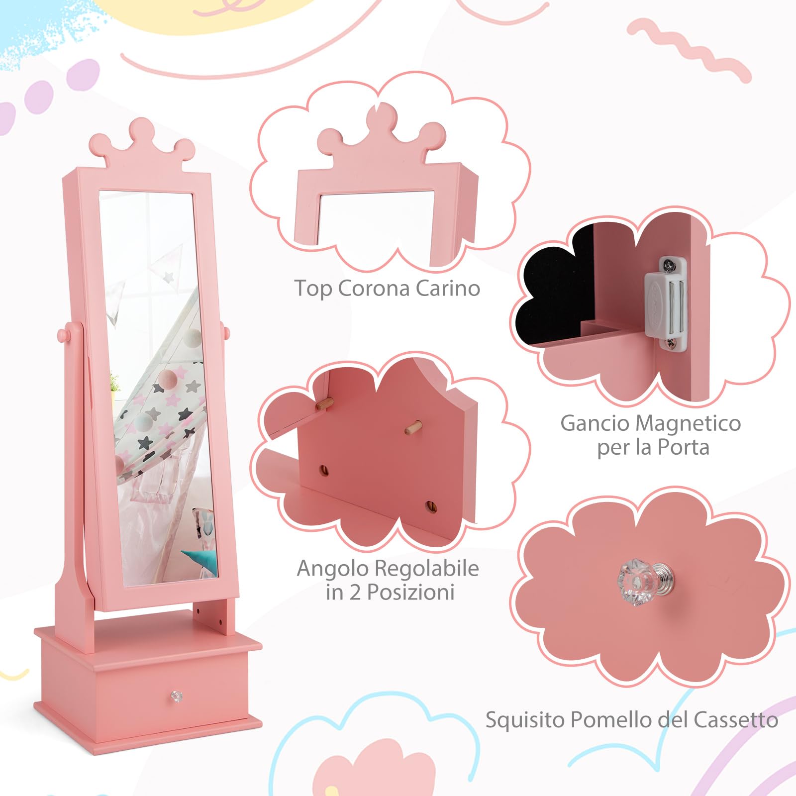 COSTWAY Armadio Gioielli per Bambini 3+ Anni con Specchio, Armadietto Portagioie da Terra con 3 Cassetti, Ideale per Camera da Letto (Rosa)
