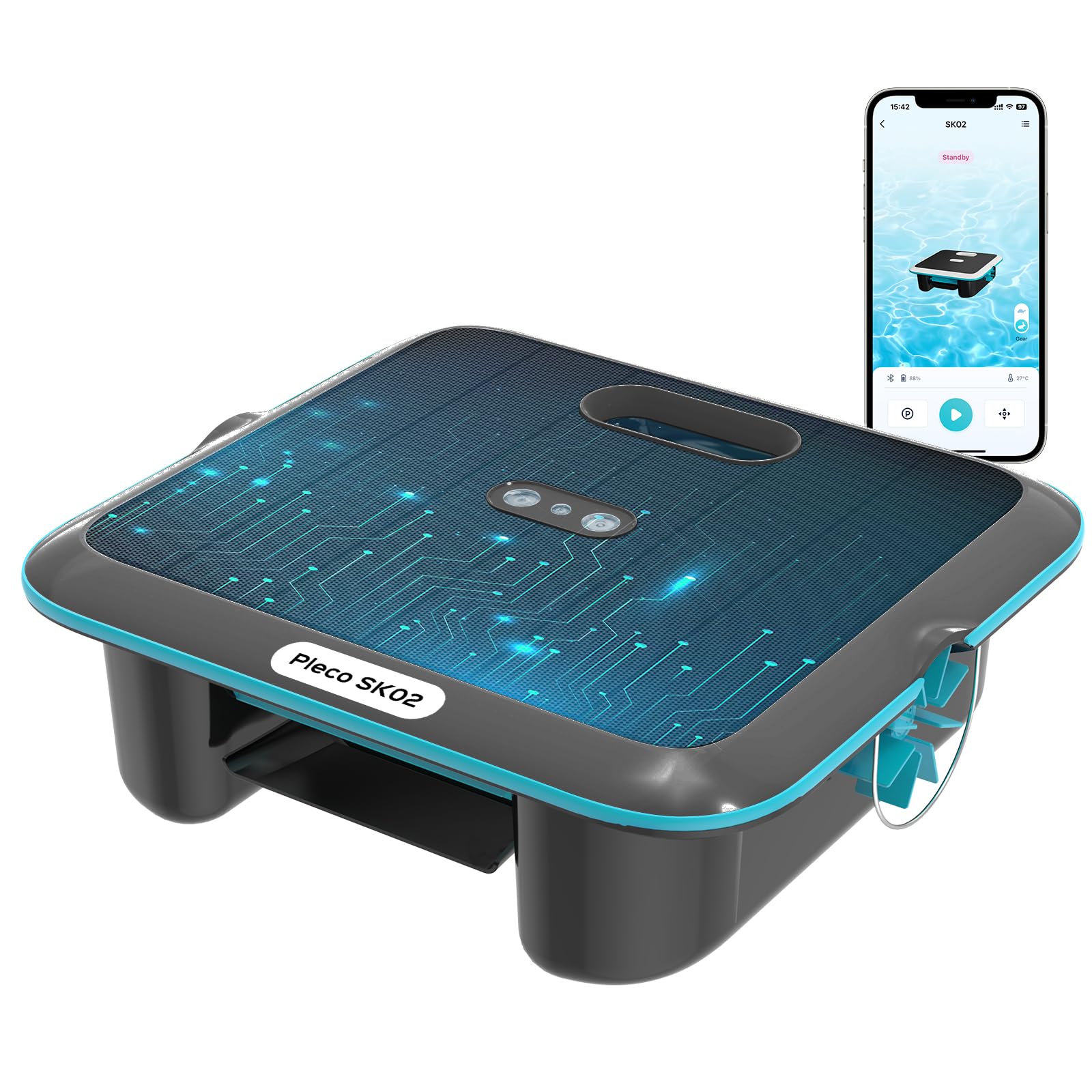 SK02 Robot Limpiafondos Piscina, Skimmer de Piscina Solar con Control App,Carga Dual, Sensor de Temperatura, Limpiador de Piscina Skimmer Automático 24/7