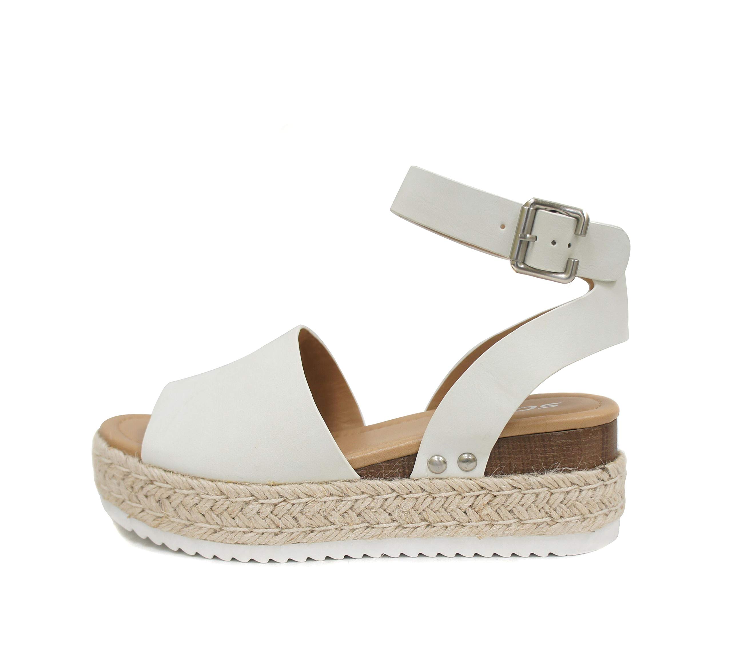 Soda Topic Open Toe Buckle Ankle Strap Espadrilles Flatform Wedge Casual Sandal (7, Off-White)