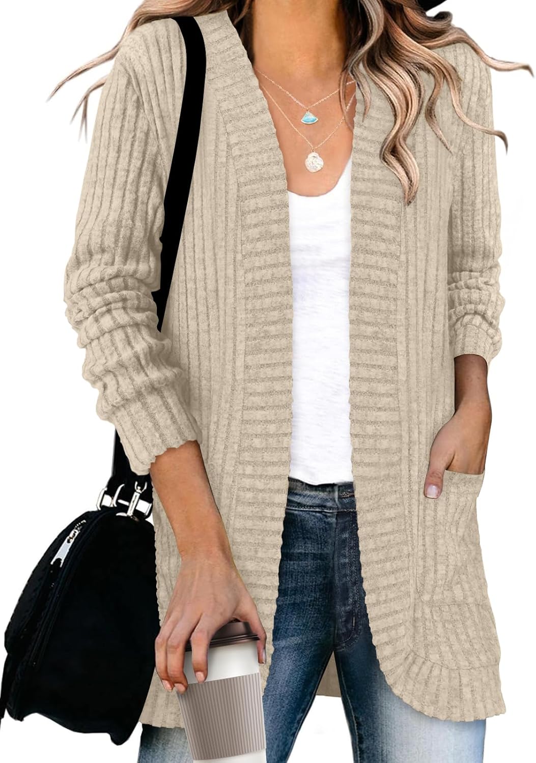 DB MOON Womens Long Cardigan Lightweight Sweater Open Front Long Sleeve Outfits with Pockets - Image 3