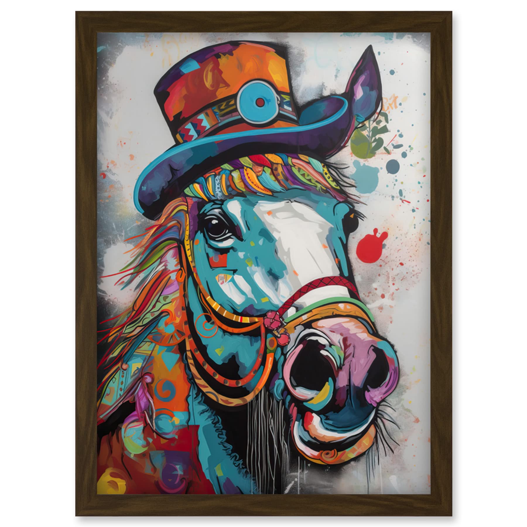 Artery8 Horse Hippie in Multicoloured Bridles and Top Hat Artwork Framed Wall Art Print A4