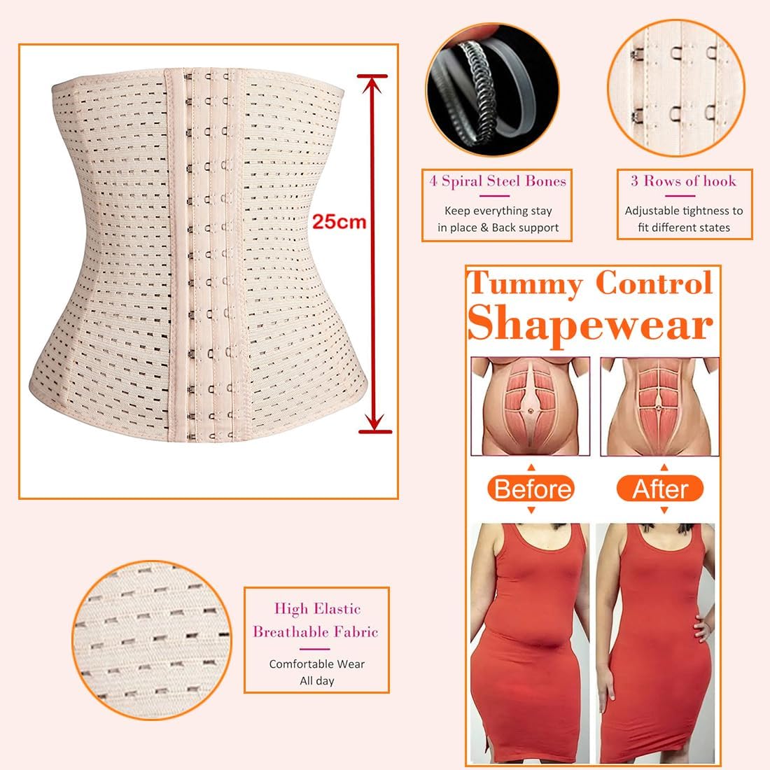 Women's Waist Trainer Corset Shapewear Tummy Control Body Shaper Waist Cincher Sport Girdle Beige - Image 3