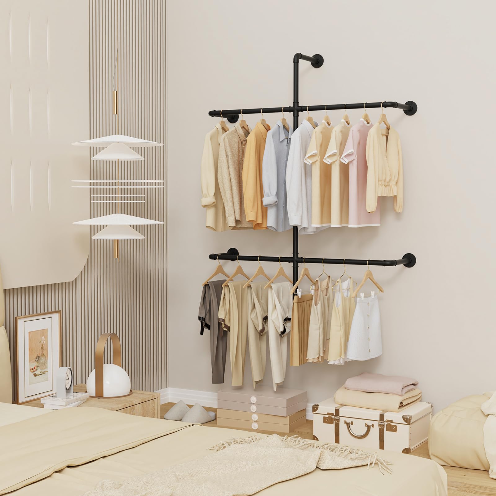 Yawinhe Barra Para Colgar Ropa de Pared,2 columnas Burro Ropa,Negro | Armario Abierto,Perchero Industrial Resistente;Barra Perchero de Tubos Metálicos para Dormitorio,para Tienda de Ropa