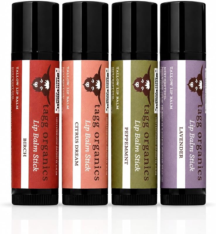 Bálsamo labial TAGG ORGANICS com sebo bovino e cera de abelha, variedades Citrus, Lavender, Birch e Peppermint, pacote com 4, aproximadamente 4 g cada