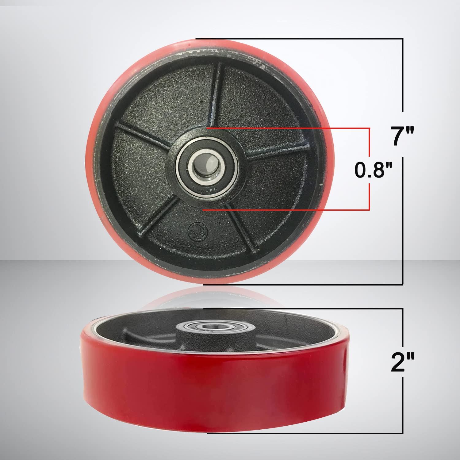 Pallet Jack/Truck Steering Wheels Set with Axle, Fasteners and Protective Caps (2 pcs) 7" x 2" with Bearings ID 20mm Poly Tread Red — Amazon image 3