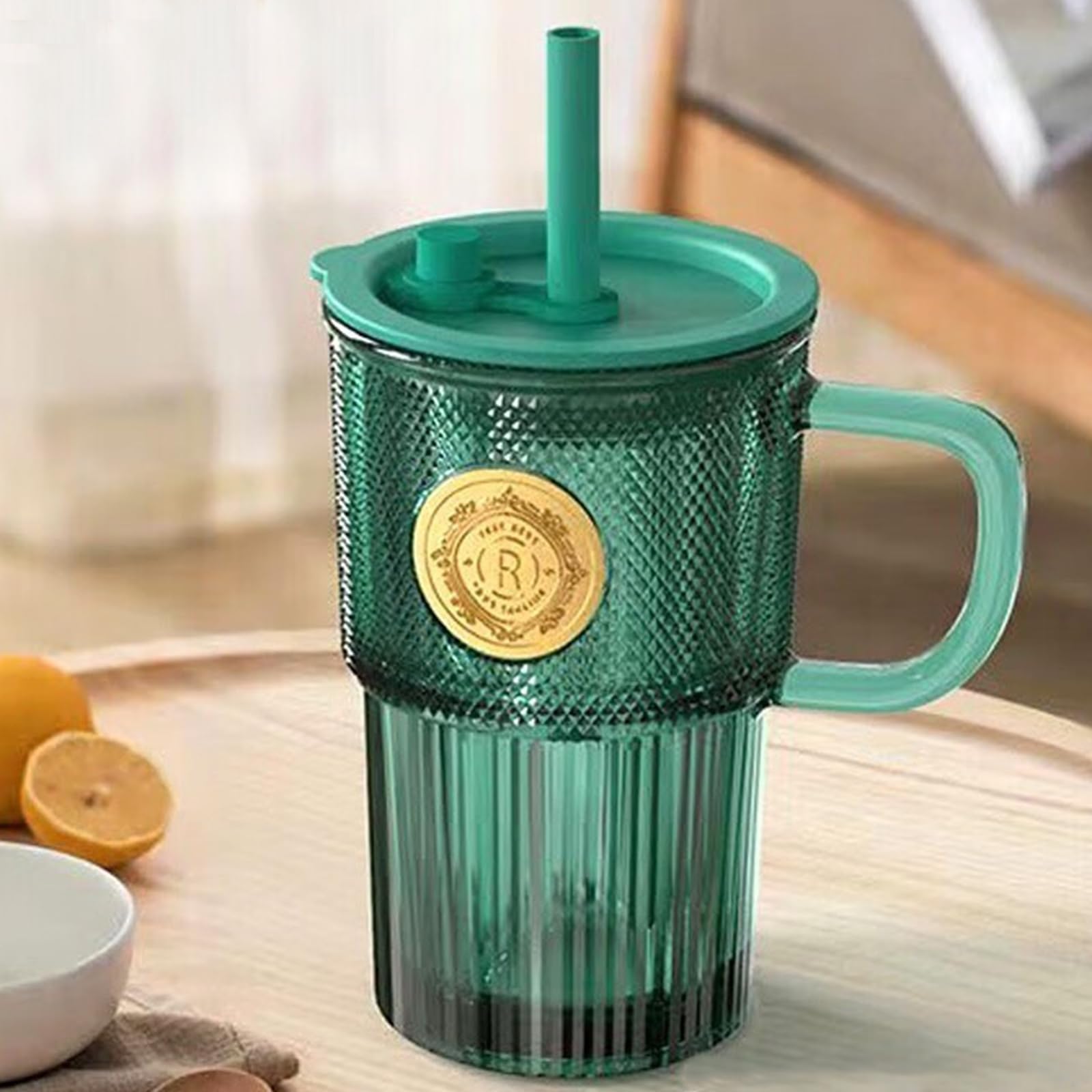 soulnioi Set of 2 430ml Green Glass Tumbler with Straw, Glass Mug with Gold Badge Decor - Image 3