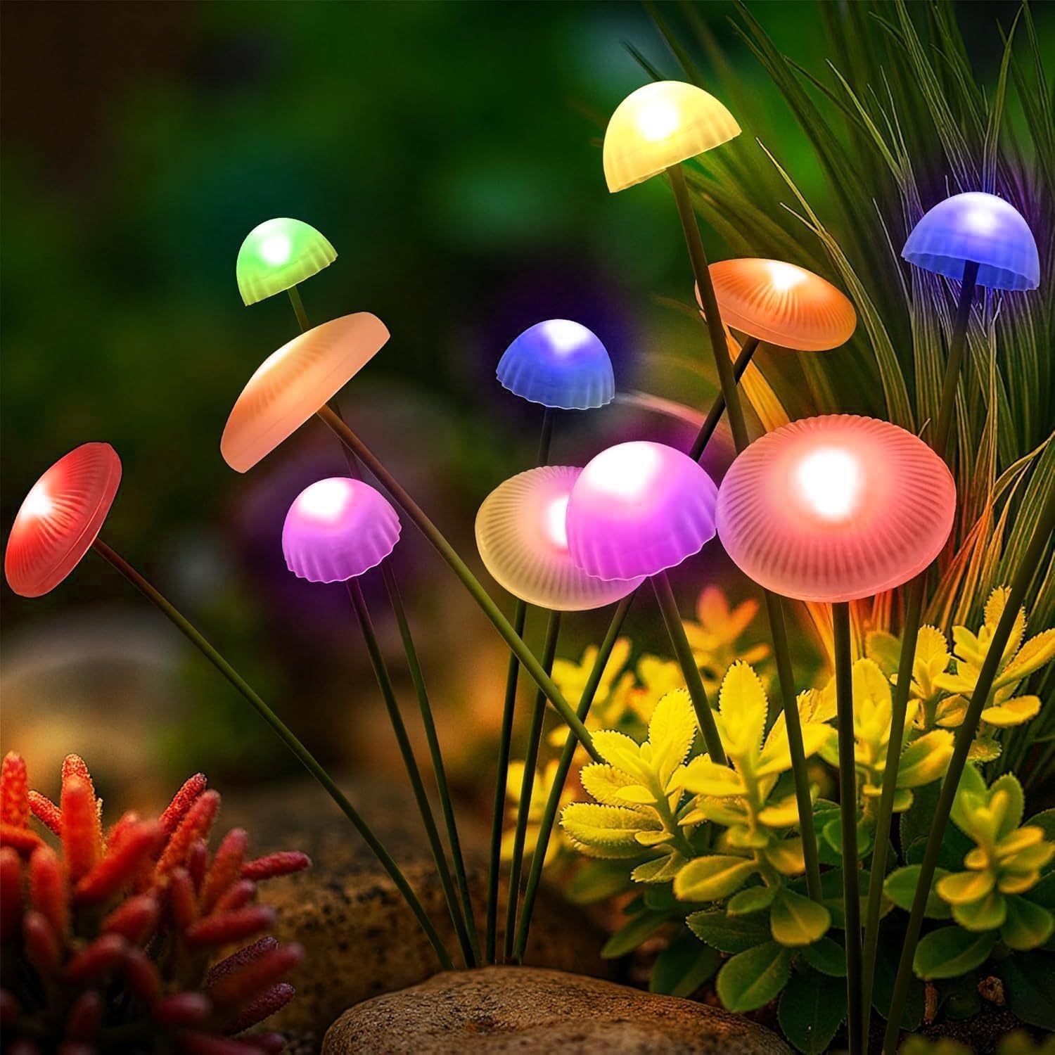 QINGYA 2 Pack Warm White LED Solar Lights, Swaying Mushroom Garden Lamps, Waterproof Outdoor Decor, Suitable for Patio Pathway Bush Yard, Landscape Ambient Decoration Supplies