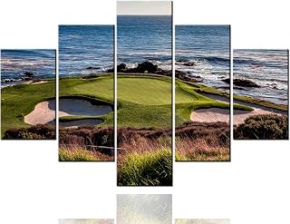 Golf Artwork for Walls Greens and Bunkers in California Paintings USA Landmark Picture Giclee 5 Panels Canvas Wall Art HD Prints Home Modern Decor Framed Ready to Hang in Living Room(60''W x 40''H)