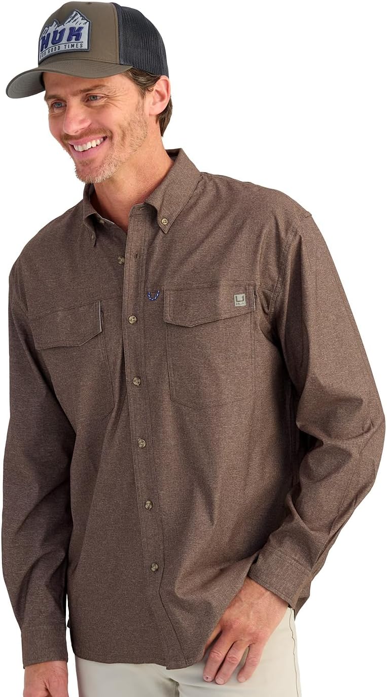 HUK Men's Hawser Heather Flannel, Long Sleeve Button Down Shirt