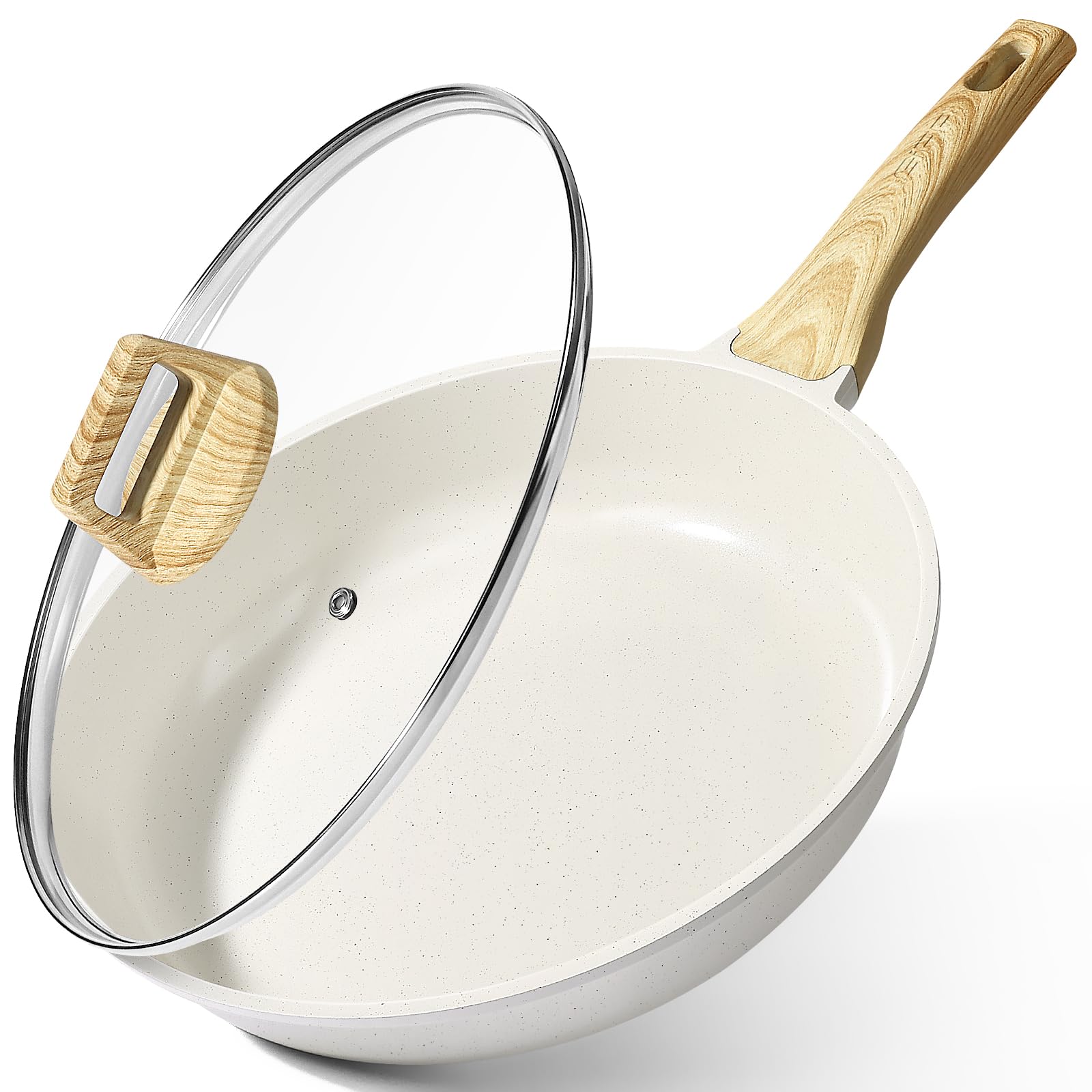 GiPP Nonstick Frying Pan Skillet with Lid - Granite Non Stick Pans, Omelette Pan with Heat-Resistant Handle, Compatible with All Stovetops, PFOA Free (White, 24CM)