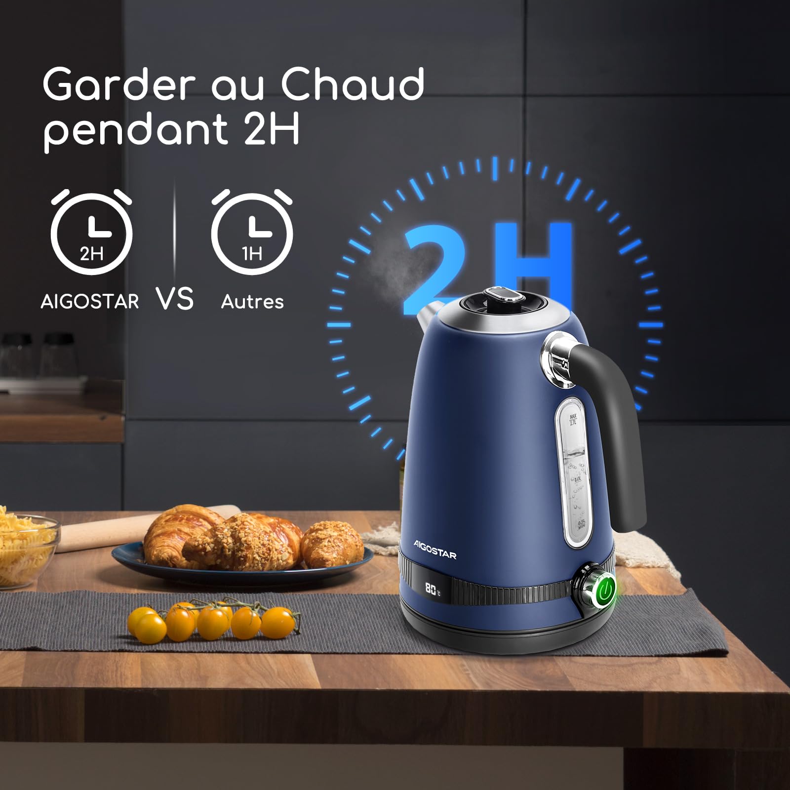 Aigostar Bouilloire Electrique Temperature Reglable inox 1,7L Bleu Foncé Vintage - Bouilloire électrique 2200W, Maintien Au Chaud, ébullition Rapide, Pas de Plastique à L'intérieur, Sans BPA